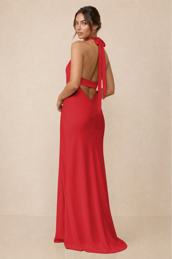 Cross Halter Sheath Bridesmaid Dress With Slit in Ruby Red (2) | KISSBRIDAL