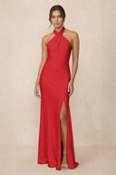 Cross Halter Sheath Bridesmaid Dress With Slit in Ruby Red | KISSBRIDAL