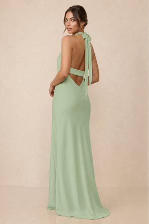 Cross Halter Sheath Bridesmaid Dress With Slit in Sage (2) | KISSBRIDAL