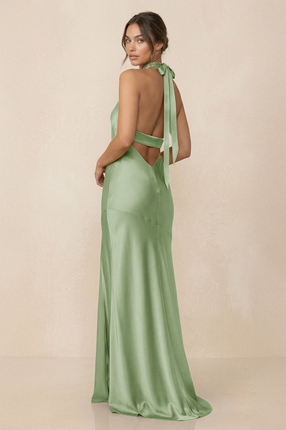 Cross Halter Sheath Bridesmaid Dress With Slit in Sage - KISS BRIDAL Bridesmaid Dresses