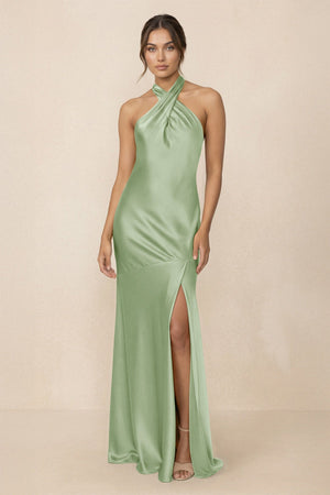 Cross Halter Sheath Bridesmaid Dress With Slit in Sage - KISS BRIDAL Bridesmaid Dresses