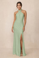 Cross Halter Sheath Bridesmaid Dress With Slit in Sage | KISSBRIDAL
