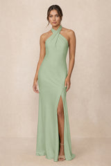 Cross Halter Sheath Bridesmaid Dress With Slit in Sage | KISSBRIDAL