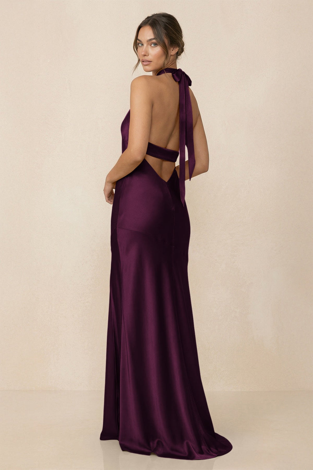 Cross Halter Sheath Bridesmaid Dress With Slit in Sangria - KISS BRIDAL Bridesmaid Dresses