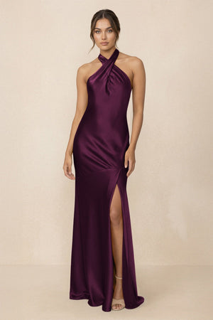 Cross Halter Sheath Bridesmaid Dress With Slit in Sangria - KISS BRIDAL Bridesmaid Dresses