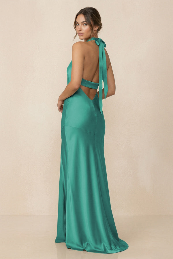 Cross Halter Sheath Bridesmaid Dress With Slit in Sea Glass - SHE IS ME Bridesmaid Dresses