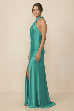 Cross Halter Sheath Bridesmaid Dress With Slit in Sea Glass - SHE IS ME Bridesmaid Dresses