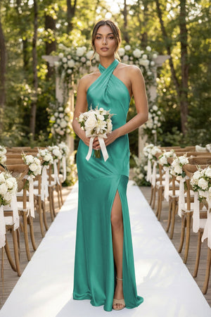 Cross Halter Sheath Bridesmaid Dress With Slit in Sea Glass - SHE IS ME Bridesmaid Dresses