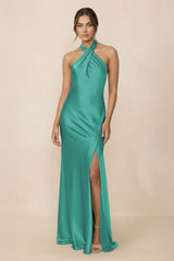 Cross Halter Sheath Bridesmaid Dress With Slit in Sea Glass - KISS BRIDAL Bridesmaid Dresses