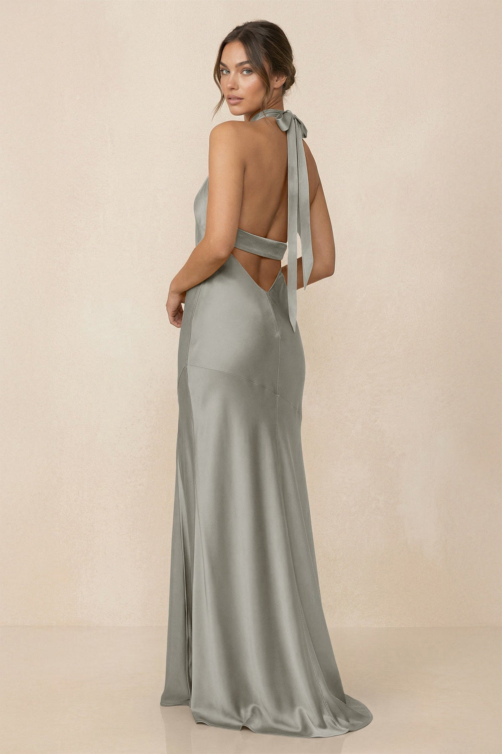 Cross Halter Sheath Bridesmaid Dress With Slit in Silver - KISS BRIDAL Bridesmaid Dresses