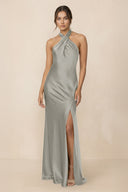 Cross Halter Sheath Bridesmaid Dress With Slit in Silver - KISS BRIDAL Bridesmaid Dresses
