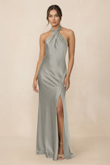 Cross Halter Sheath Bridesmaid Dress With Slit in Silver - KISS BRIDAL Bridesmaid Dresses