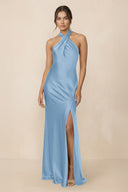 Cross Halter Sheath Bridesmaid Dress With Slit in Sky Blue - KISS BRIDAL Bridesmaid Dresses
