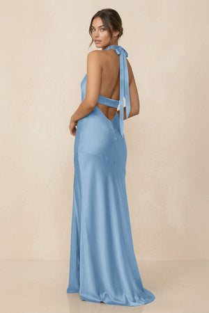 Cross Halter Sheath Bridesmaid Dress With Slit in Sky Blue - KISS BRIDAL Bridesmaid Dresses