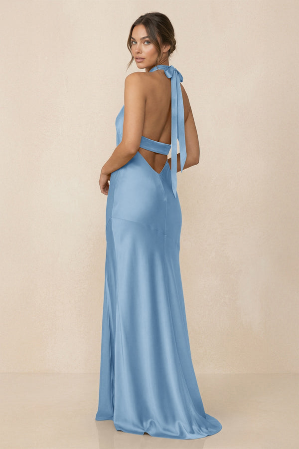 Cross Halter Sheath Bridesmaid Dress With Slit in Sky Blue - KISS BRIDAL Bridesmaid Dresses