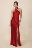 Cross Halter Sheath Bridesmaid Dress With Slit in Spice - KISS BRIDAL Bridesmaid Dresses