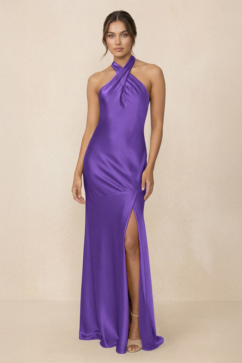 Cross Halter Sheath Bridesmaid Dress With Slit in Tahiti - KISS BRIDAL Bridesmaid Dresses