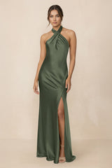 Cross Halter Sheath Bridesmaid Dress With Slit in Thyme - KISS BRIDAL Bridesmaid Dresses