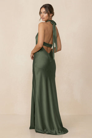 Cross Halter Sheath Bridesmaid Dress With Slit in Thyme - KISS BRIDAL Bridesmaid Dresses