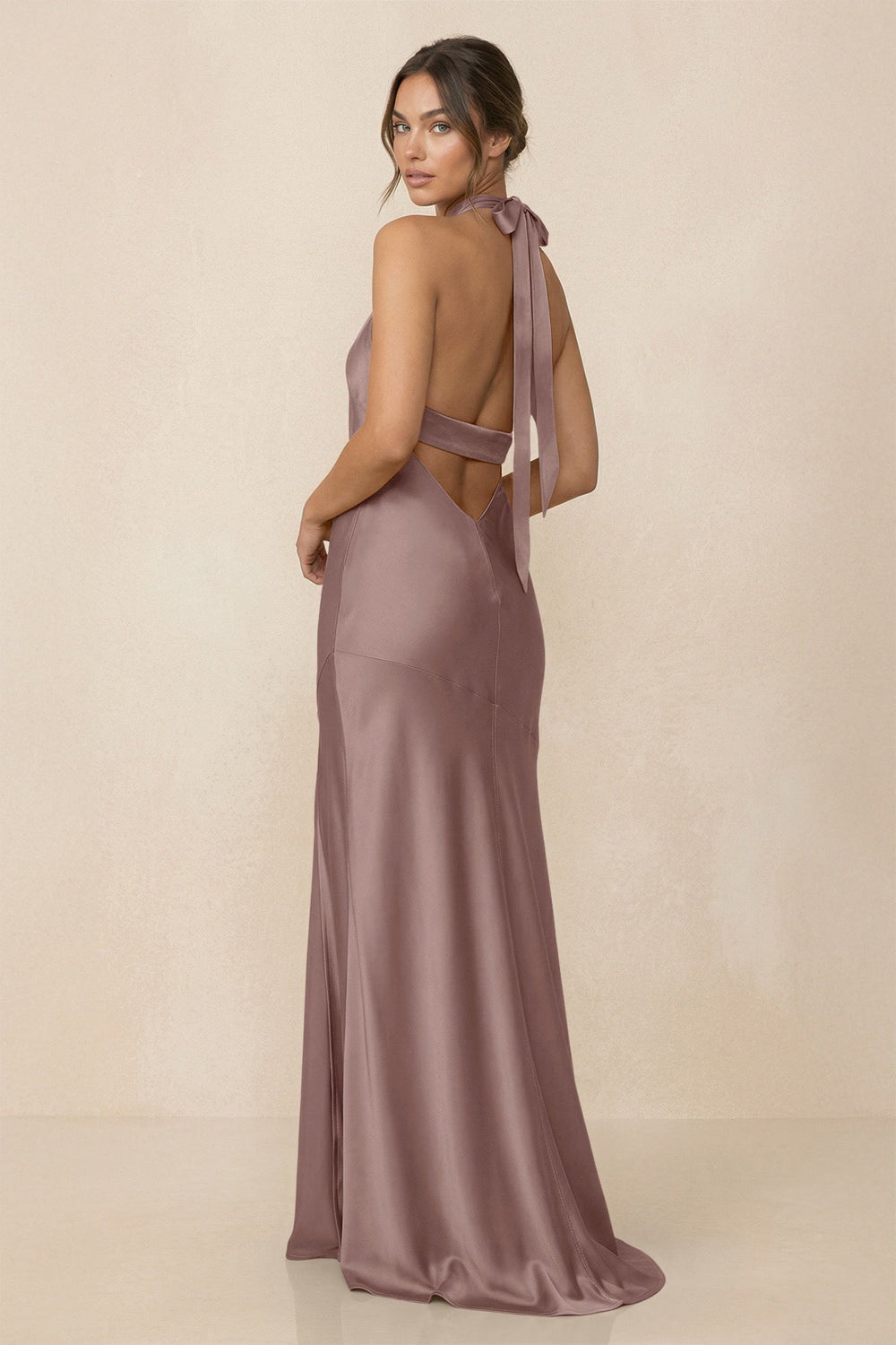 Cross Halter Sheath Bridesmaid Dress With Slit in Toffee - KISS BRIDAL Bridesmaid Dresses