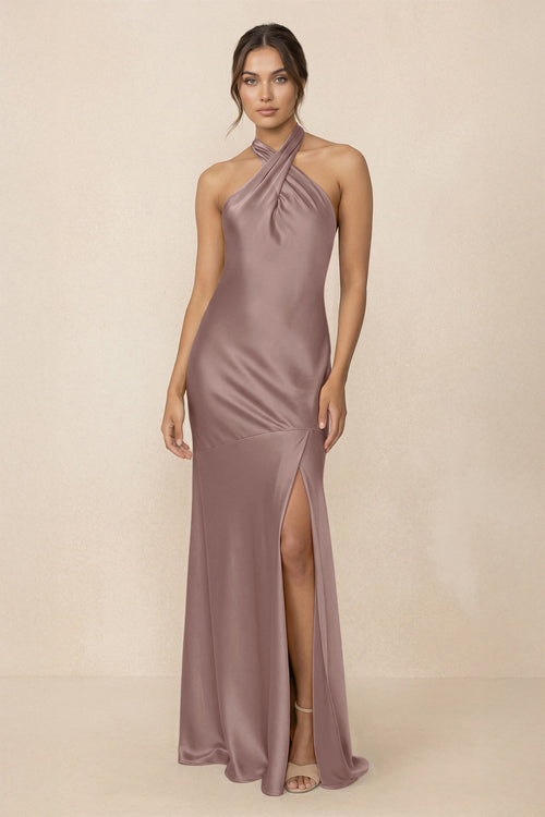 Cross Halter Sheath Bridesmaid Dress With Slit in Toffee - KISS BRIDAL Bridesmaid Dresses