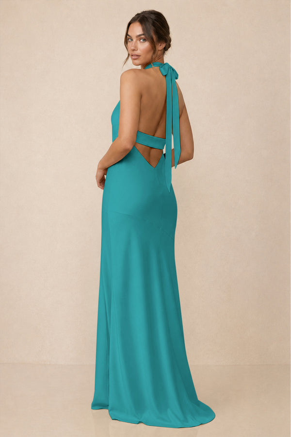 Cross Halter Sheath Bridesmaid Dress With Slit in Turquoise (2) | KISSBRIDAL