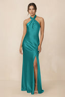 Cross Halter Sheath Bridesmaid Dress With Slit in Turquoise - KISS BRIDAL Bridesmaid Dresses