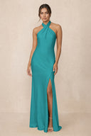 Cross Halter Sheath Bridesmaid Dress With Slit in Turquoise | KISSBRIDAL