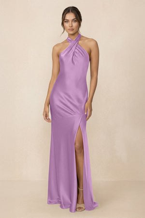 Cross Halter Sheath Bridesmaid Dress With Slit in Vintage Mauve - KISS BRIDAL Bridesmaid Dresses
