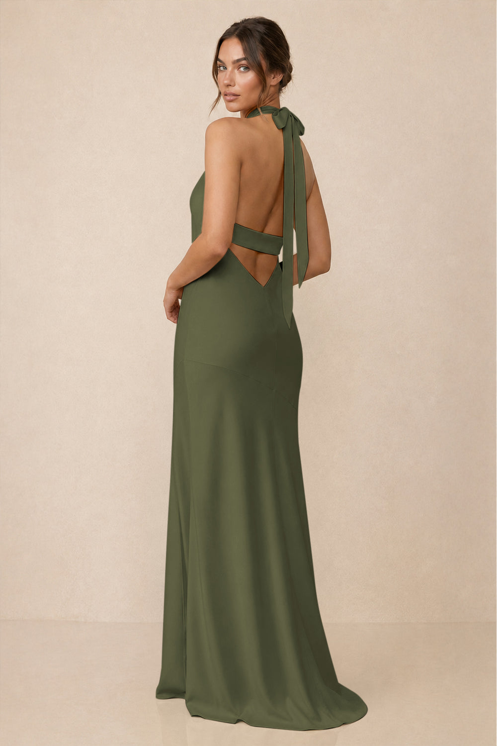 Cross Halter Sheath Bridesmaid Dress With Slit in Willow Green