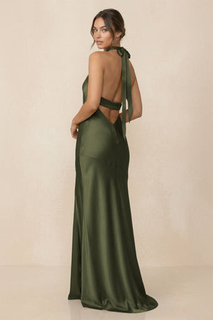 Cross Halter Sheath Bridesmaid Dress With Slit in Willow Green - KISS BRIDAL Bridesmaid Dresses