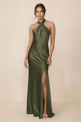 Cross Halter Sheath Bridesmaid Dress With Slit in Willow Green - KISS BRIDAL Bridesmaid Dresses