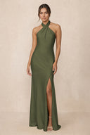 Cross Halter Sheath Bridesmaid Dress With Slit in Willow Green | KISSBRIDAL