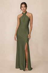 Cross Halter Sheath Bridesmaid Dress With Slit in Willow Green | KISSBRIDAL