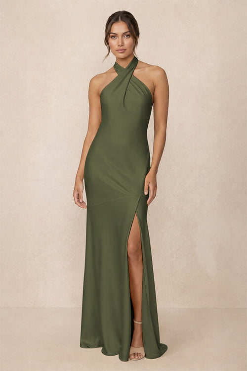 Cross Halter Sheath Bridesmaid Dress With Slit in Willow Green | KISSBRIDAL