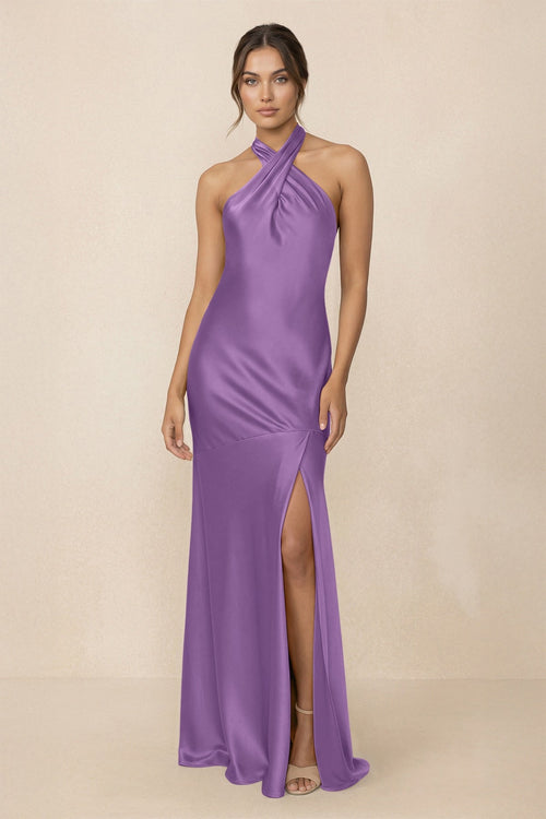 Cross Halter Sheath Bridesmaid Dress With Slit in Wisteria - KISS BRIDAL Bridesmaid Dresses
