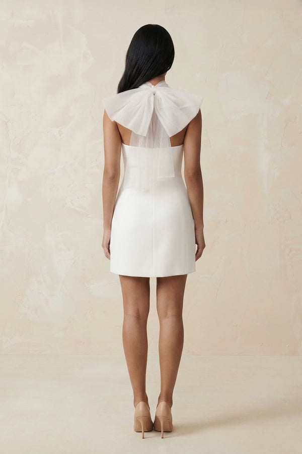 Cross Halter Sheath Satin Mini Wedding Dress in White - SHE IS ME Wedding Dresses