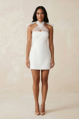 Cross Halter Sheath Satin Mini Wedding Dress in White - KISS BRIDAL Wedding Dresses