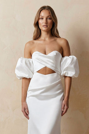 Cut - Out Sweetheart Satin Off - the - Shoulder Wedding Dress in White - SHE IS ME Wedding Dresses
