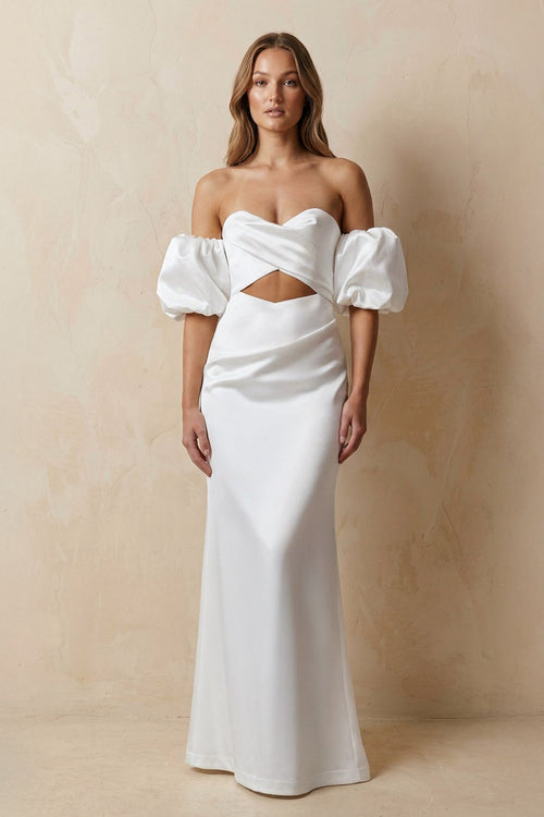 Cut - Out Sweetheart Satin Off - the - Shoulder Wedding Dress in White - SHE IS ME Wedding Dresses