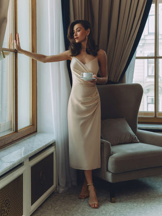 Mermaid  Gold Satin  V Neck Bridesmaid Dresses with Slit