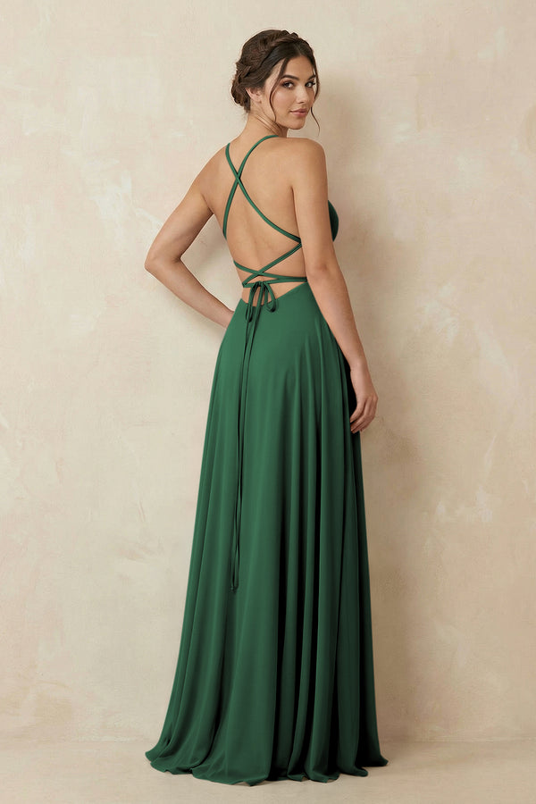 Dark Green A-Line Chiffon Bridesmaid Dress With Slit (2) | KISSBRIDAL