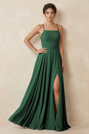 Dark Green A-Line Chiffon Bridesmaid Dress With Slit | KISSBRIDAL