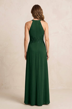 Dark Green A-Line Chiffon Embroidered Halter Mother of the Bride Dress (2) | KISSBRIDAL