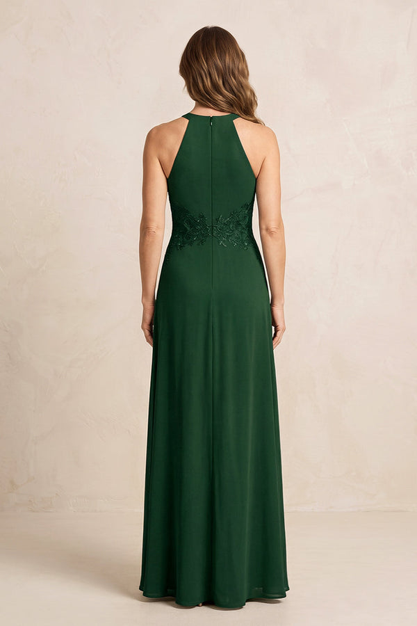 Dark Green A-Line Chiffon Embroidered Halter Mother of the Bride Dress (2) | KISSBRIDAL