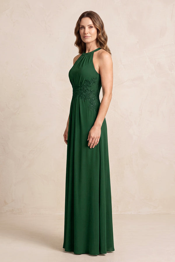 Dark Green A-Line Chiffon Embroidered Halter Mother of the Bride Dress (3) | KISSBRIDAL