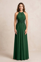 Dark Green A-Line Chiffon Embroidered Halter Mother of the Bride Dress | KISSBRIDAL