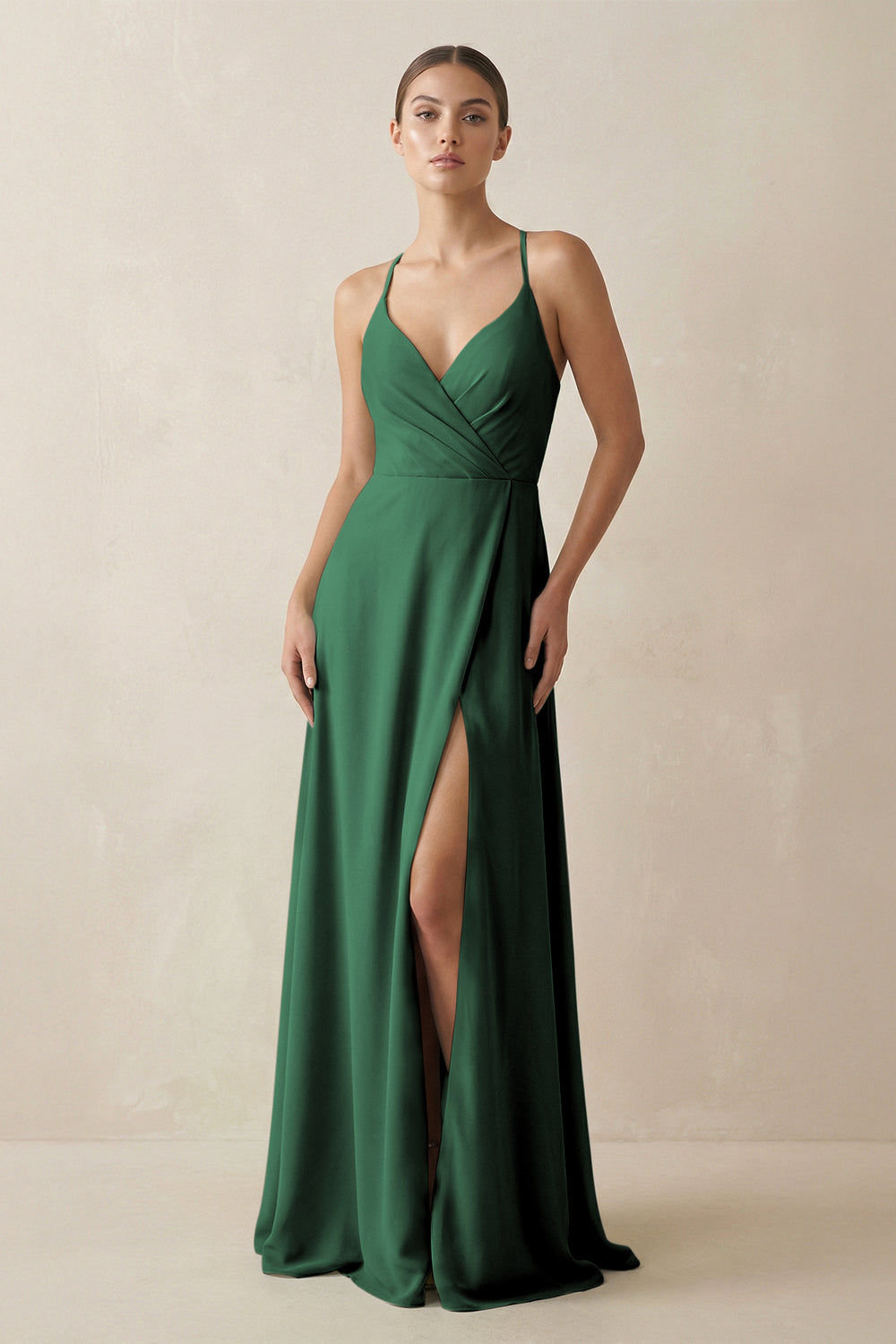 A-Line Chiffon Long Bridesmaid Dress With Slit in Dark Green
