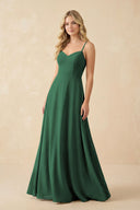 Dark Green A-Line Chiffon Spaghetti Strap Bridesmaid Dress | KISSBRIDAL
