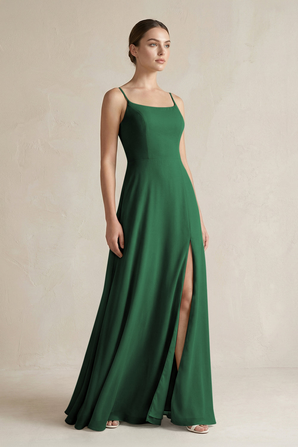 A-Line Chiffon Spaghetti Strap Bridesmaid Dress in Dark Green